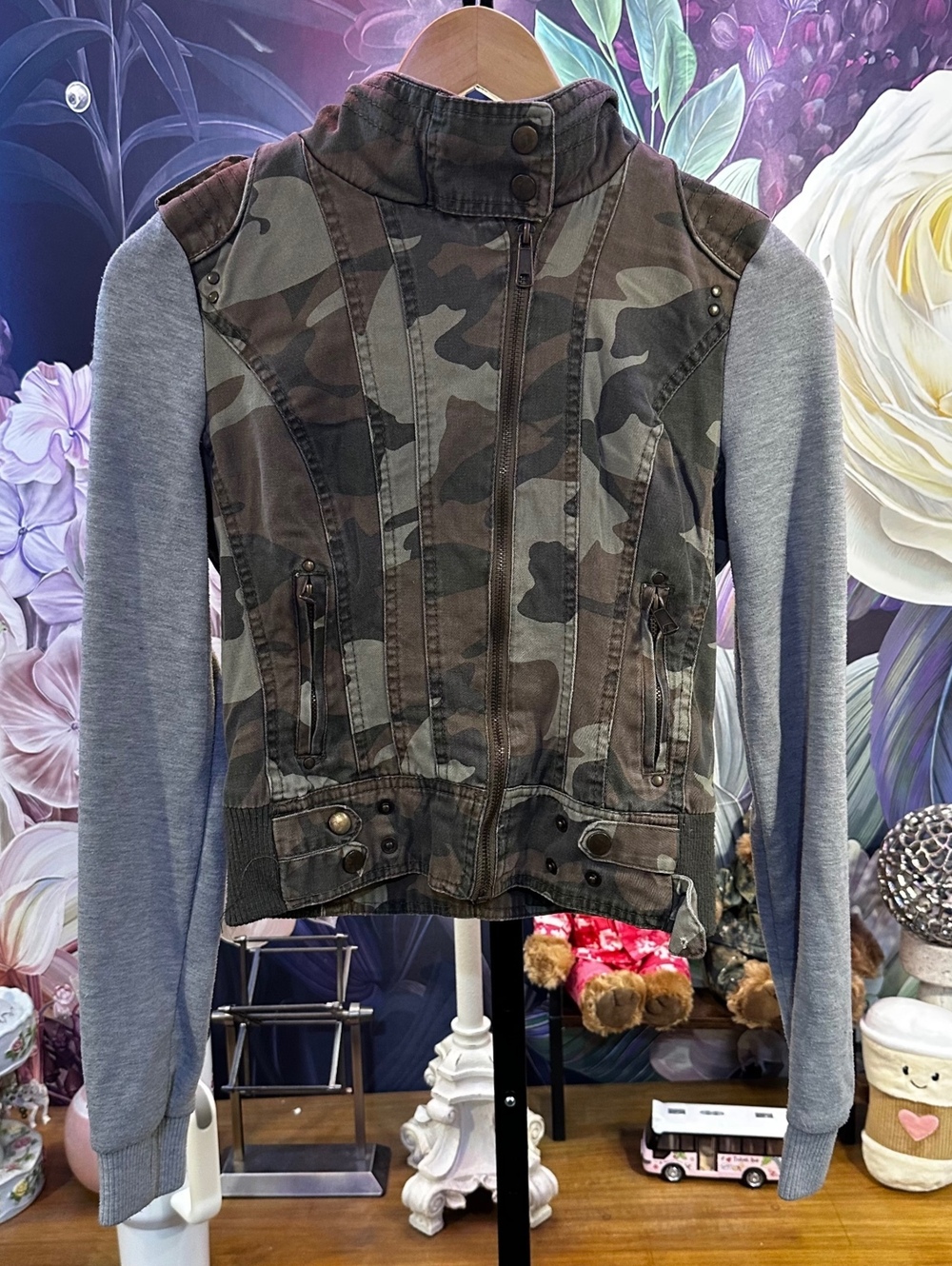 Rue21 S Cotton Camo Hooded Jacket Y2K Military Moto Streetwear Epaulet w/ FLAW